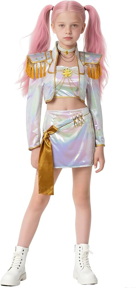 Girls Demon Hunter Pop Singer Coat Jacket Top Skirt Golden Shoulder Patches Full Set Mira Dance S... | Amazon (US)
