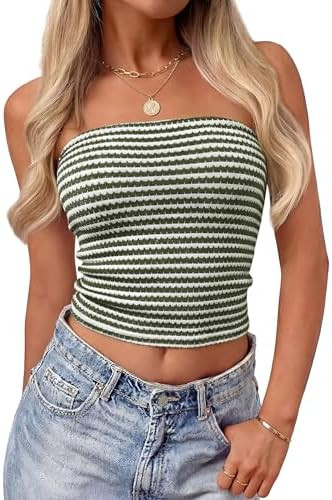ZESICA Women's Spring Striped Strapless Crop Tube Tops 2026 Summer Knit Bandeau Going Out Shirts ... | Amazon (US)