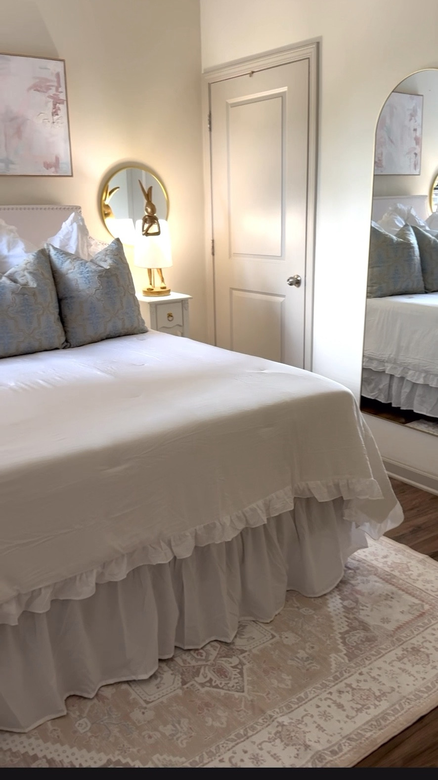 Senior year room!!! 
I wanted something classy and different!!! I’m so excited!!! 🙌🏼🤍🐇
Queen bed 
Rug 5x7 
2 back pillows are 26x26
- inserts are 28x28
3 front pillows are 24x24
- inserts are 26x26
Mirrors are 18in


#LTKVideo #LTKSeasonal #LTKSaleAlert