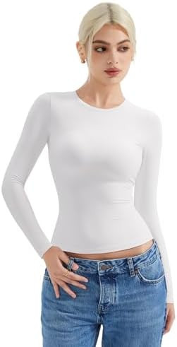 SUUKSESS Women Double Lined Fitted Basic T Shirts Crew Neck Long Sleeve Crop Top | Amazon (US)