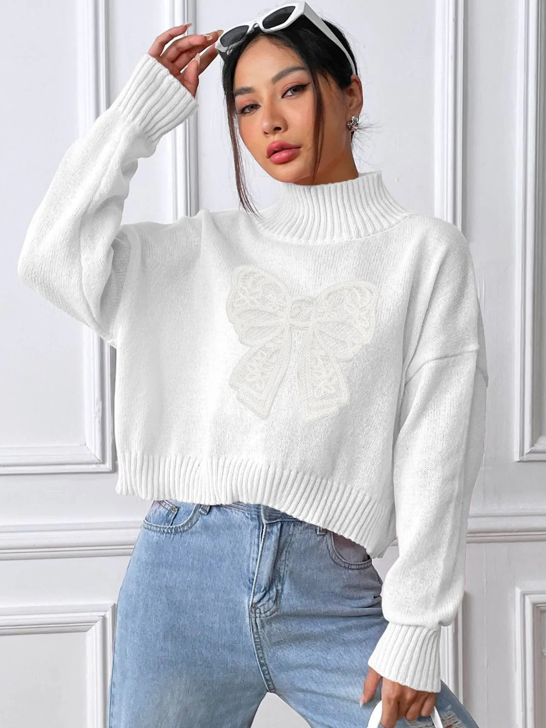 Bow Turtleneck Long Sleeve Sweater White / M | Casual Chic Boutique