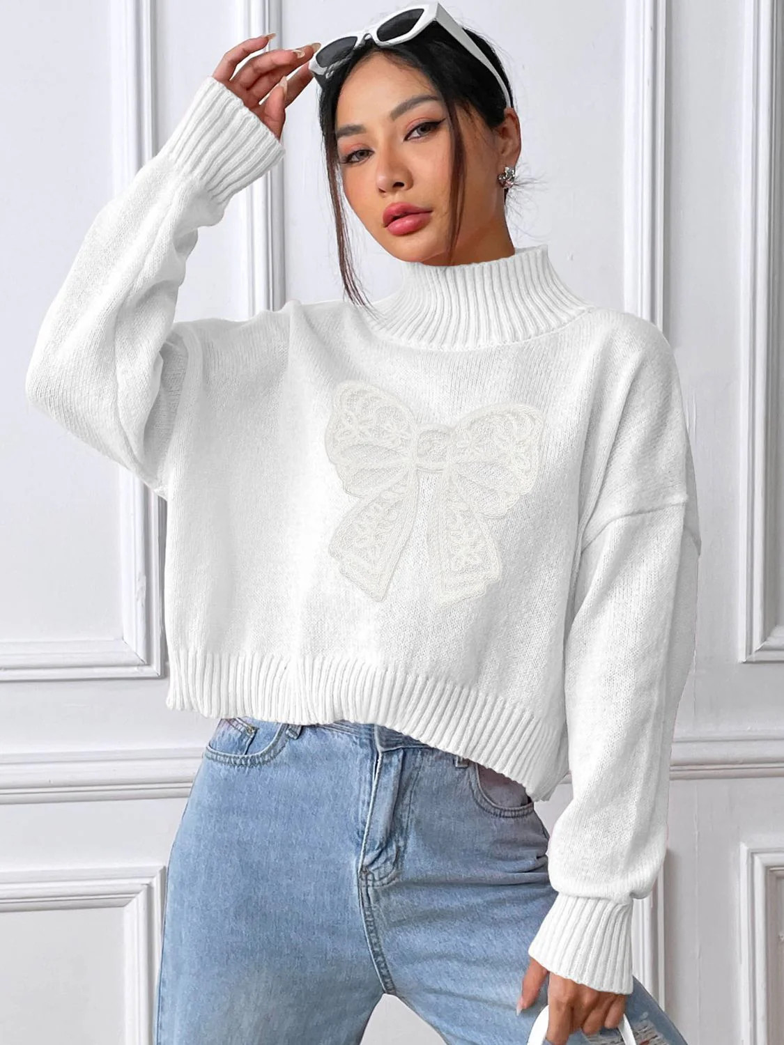 Bow Turtleneck Long Sleeve Sweater White / M | Casual Chic Boutique