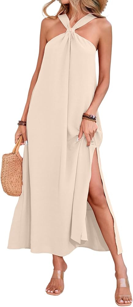 MIRALUNA Womens Summer Sleeveless Halter Long Dress Casual Strappy Vacation Beach Loose Flowy Sid... | Amazon (US)