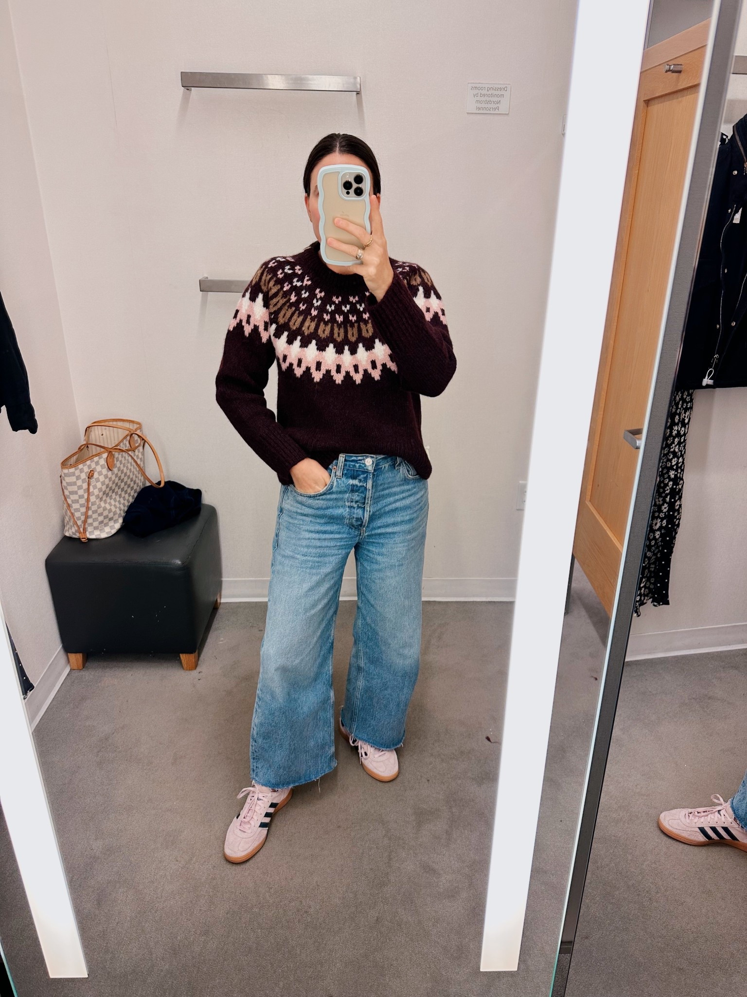 Veronica Beard Fair Isle sweater in raisin with wide leg Ayla jeans  

#LTKSeasonal #LTKStyleTip #LTKOver40