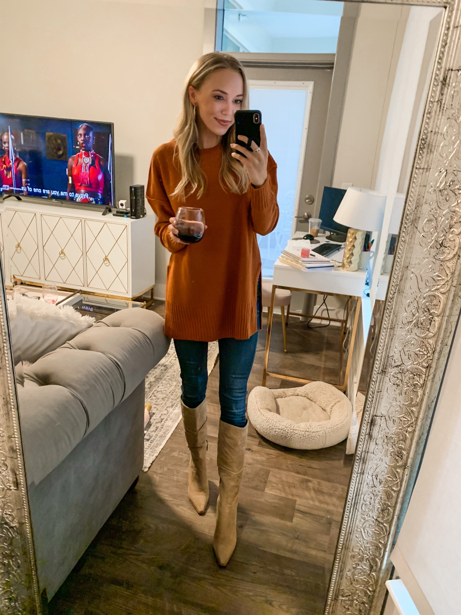 Orange sweater, good American jeans, skinny jeans, taupe boots, knee high boots, fall outfit, fall outfit ideas, amazon sweater 

#LTKunder50 #LTKSeasonal #LTKunder100