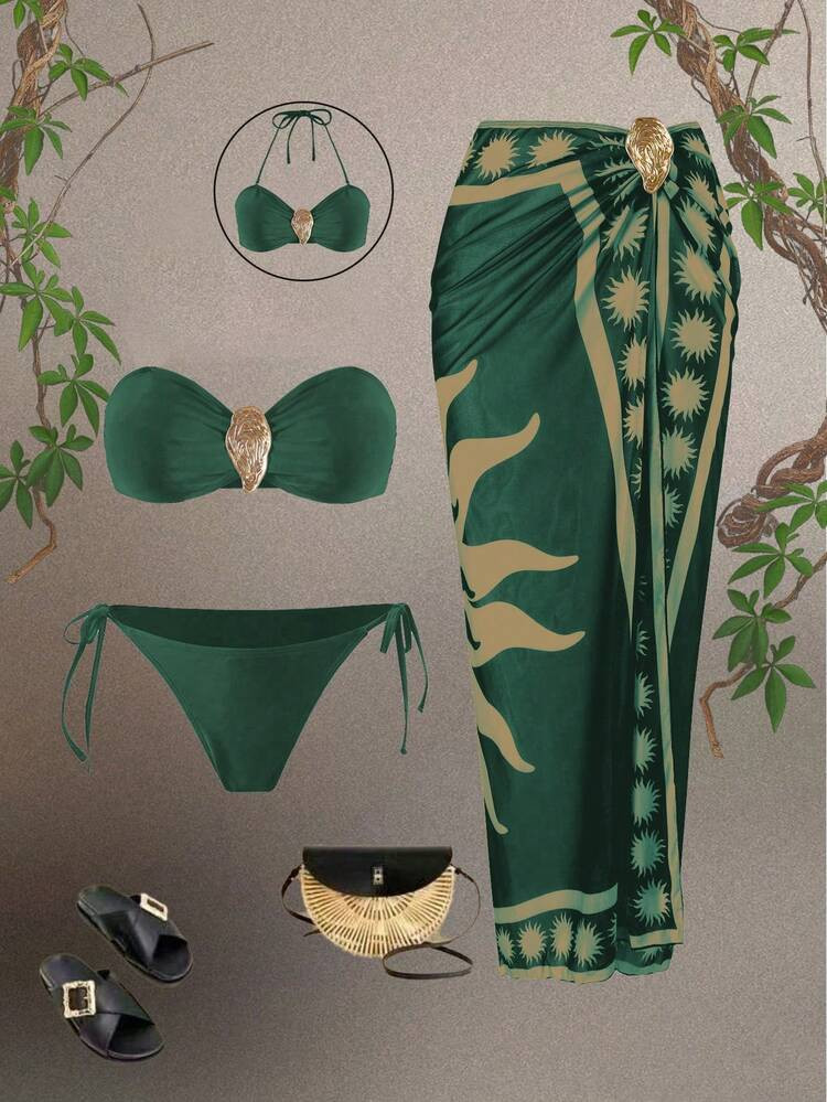 Swim Oasis 3pcs/Set 2026 New Women Swimwear Bra Printed Mesh Maxi Dress Beach Casual Swimwear Set | SHEIN
