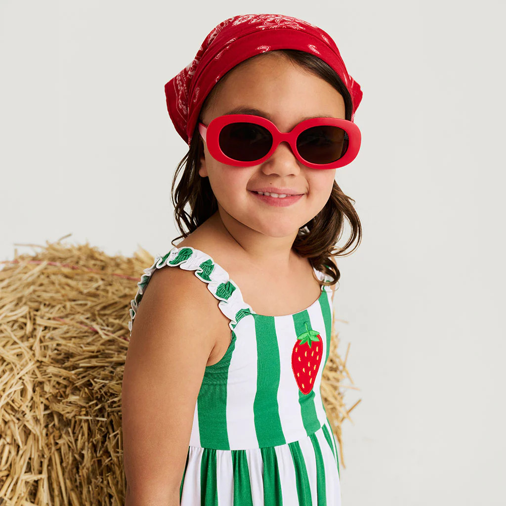 Stripes Green Sleeveless Strawberry Stripe Ruffled Strap Dress | Posh Peanut® | Posh Peanut