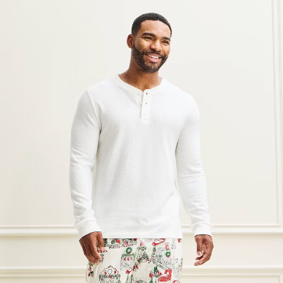 Men's Big and Tall Holiday Waffle Knit Long Sleeve Matching Family Pajama Shirt - Wondershop™ Cream 5XLT | Target