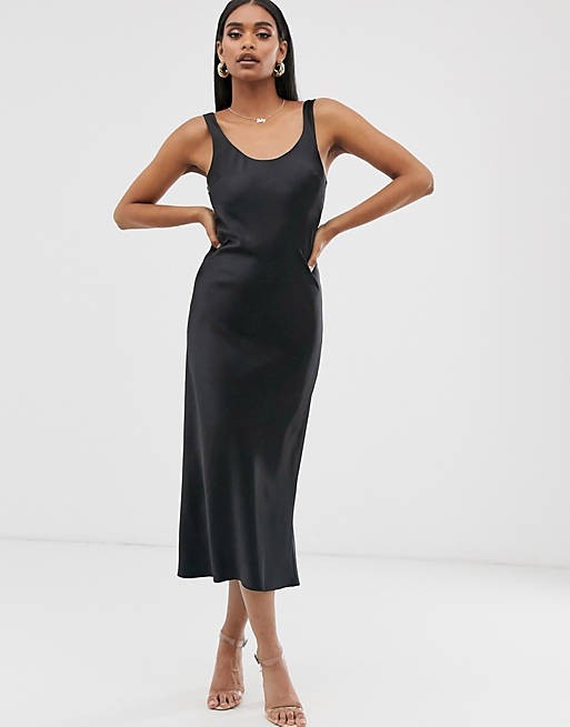 ASOS DESIGN scoop neck midi satin slip dress in black | ASOS (Global)