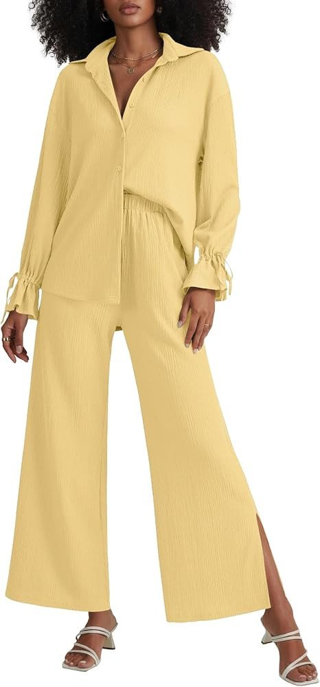 LYANER Women's 2 Piece Outfits Button Down Long Sleeve Shirt and Wide Leg Pants Set | Amazon (US)