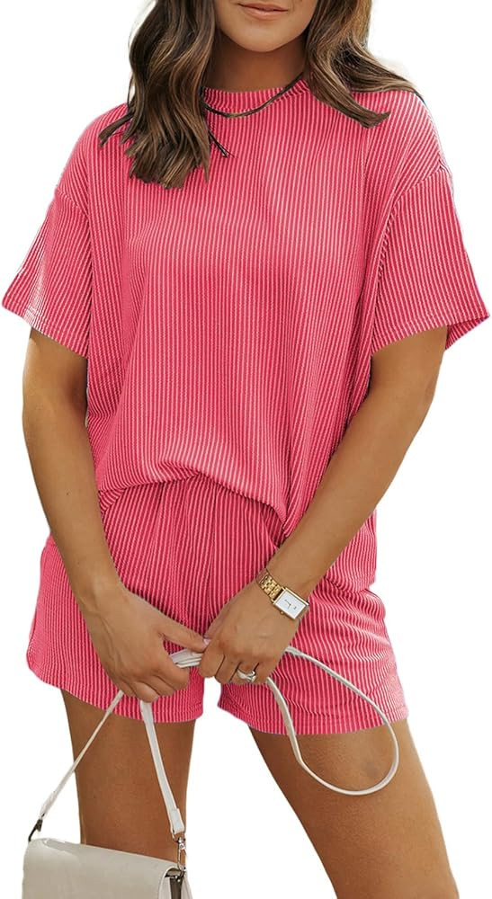 MARZXIN Women 2 Piece Shorts Set 2026 Casual Summer Cruise Outfits Ribbed Loose Short Sleeve Pock... | Amazon (US)