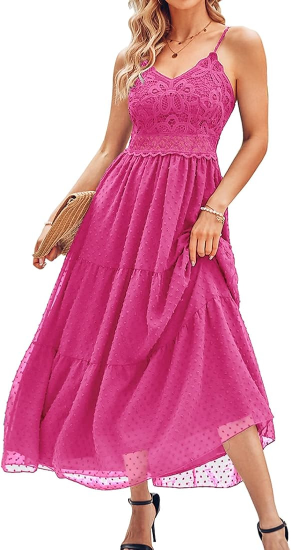 Dokuritu Women's Beach Crochet Lace Maxi Dress Solid Color Summer Vacation Spaghetti Strap Long D... | Amazon (US)