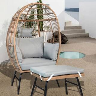 2-Piece Brown Wicker Outdoor Garden Egg Chair Chaise Lounge with Footstool and Gray Cushion Guard | The Home Depot