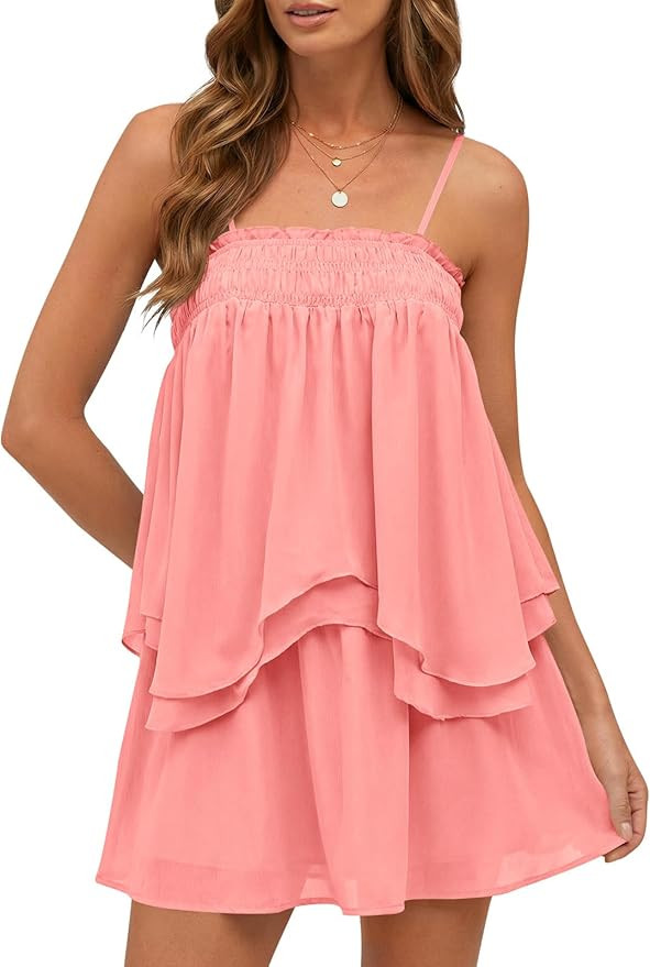 Wenrine Womens Summer Two Piece Skirt Sets Casual Smocked Cami Tops Mini Skirts Ruffle Tiered Flo... | Amazon (US)