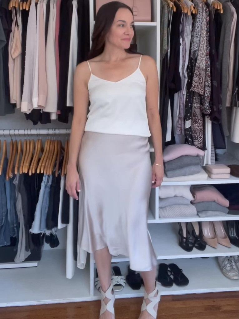 Love how easy this look is for spring and summer. This silk cami comes in many colors, runs TTS and is under $40. My silk skirt is under $60 and also comes in many colors. My shoes are old. 

#LTKVideo #LTKfindsunder50 #LTKfindsunder100