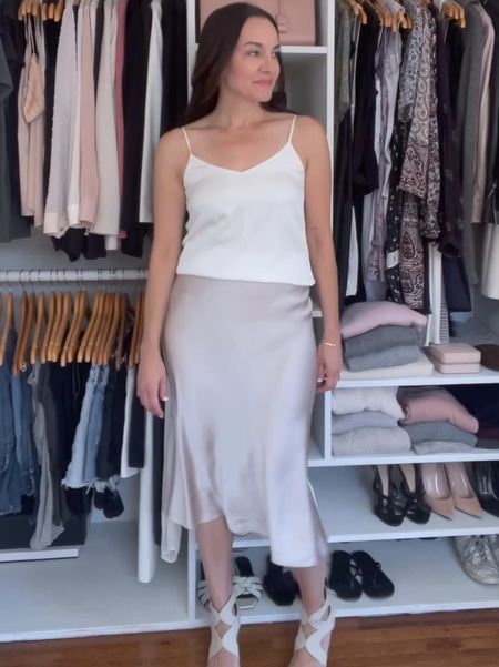 Love how easy this look is for spring and summer. This silk cami comes in many colors, runs TTS and is under $40. My silk skirt is under $60 and also comes in many colors. My shoes are old. 

#LTKVideo #LTKfindsunder50 #LTKfindsunder100