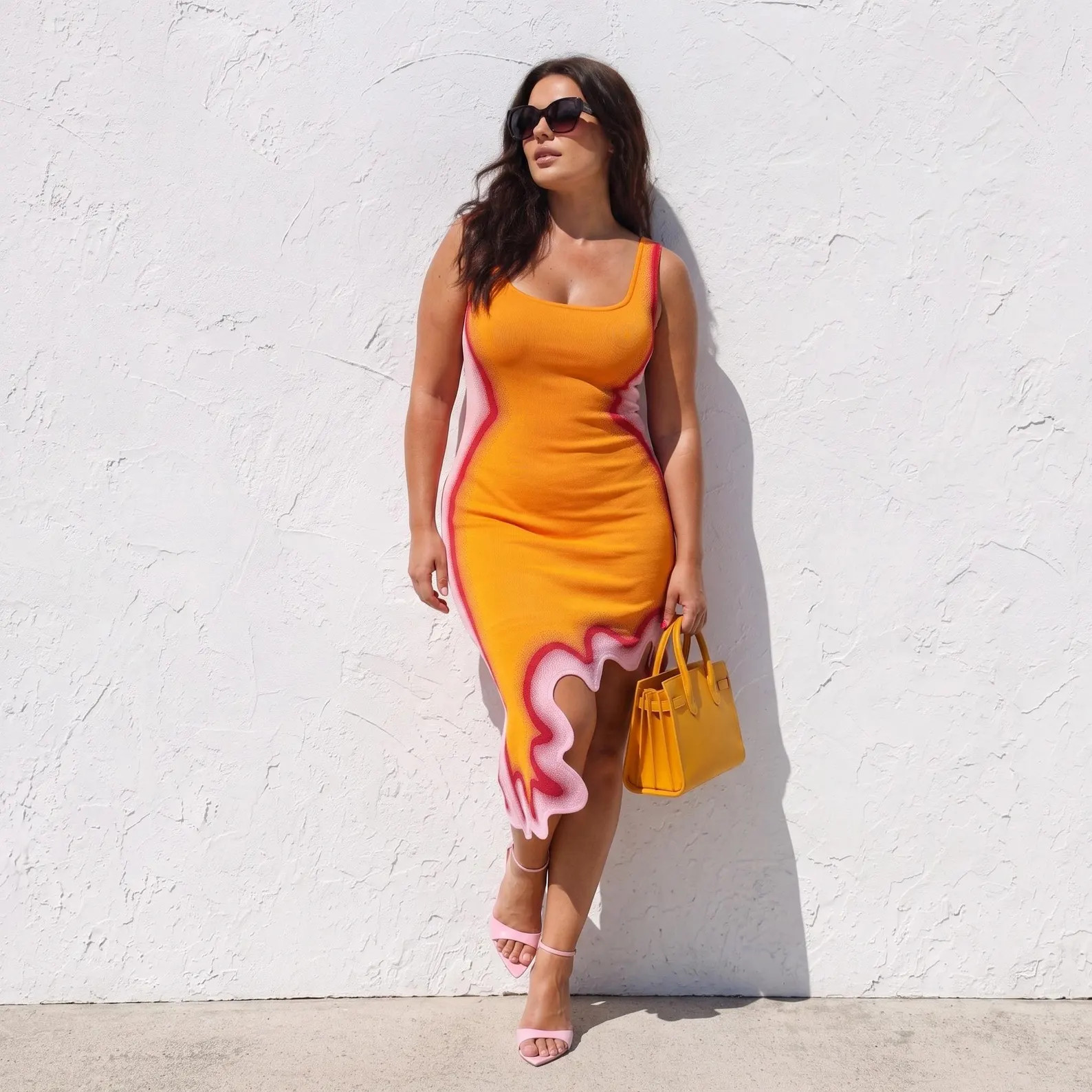 Orange Wave Hem Dress, Scoop Neck Bodycon, Plus Size Colorblock Midi, Unique Asymmetrical Party O... | Etsy (Global)