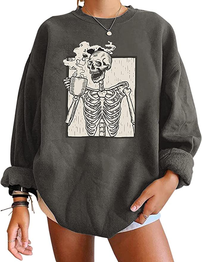 Meladyan Halloween Skull Graphic Print Fleece Oversized Sweatshirt Crewneck Long Sleeve Drop Shou... | Amazon (US)