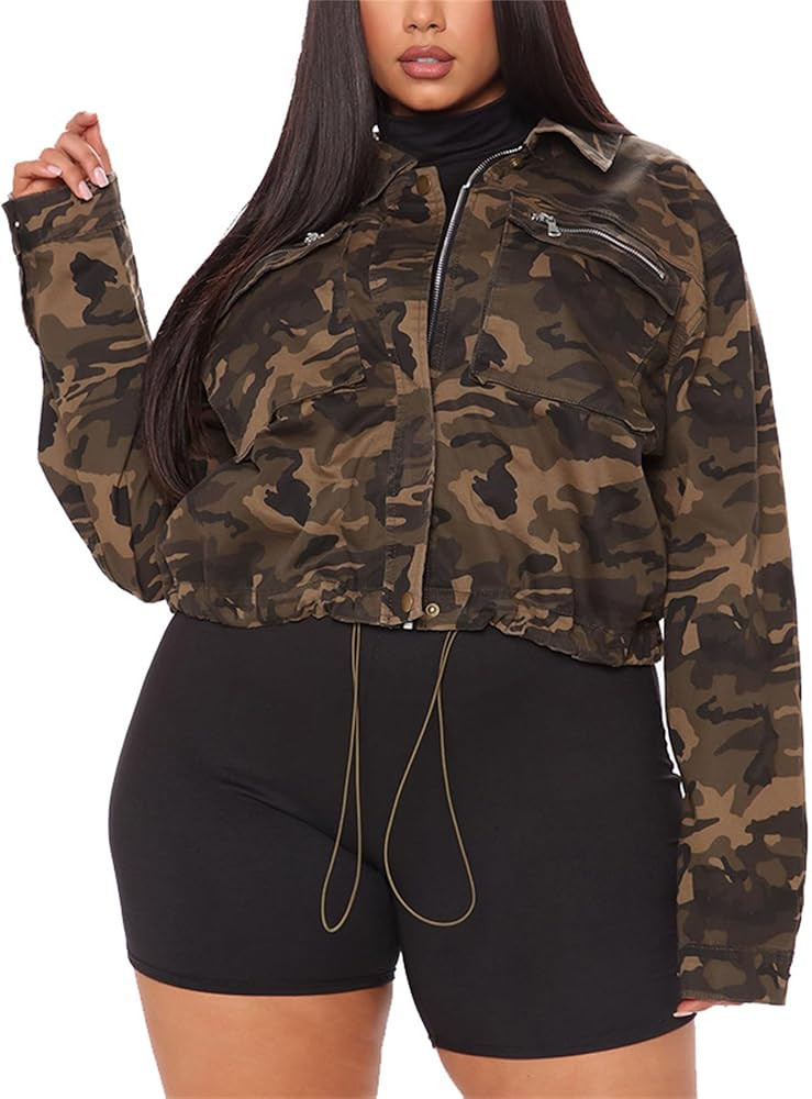 Camo Jacket for Women Drawstring Military Long Sleeve Lapel Zip Up Jackets Outwear with Pockets | Amazon (US)