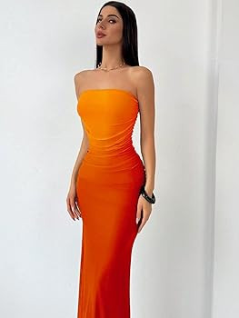 Women's Summer Dress Gradient Strapless Tube Dress Bodycon Long Dress Side Slit Mesh Layered | Amazon (US)