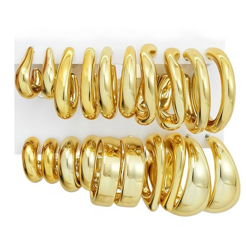 10 Pairs Gold Hoop Earrings for Women Trendy, Gold Plated Lightweight Dainty Big Classics Hypoallergenic Stack, Thick Open Hoops Earring Set | Amazon (US)