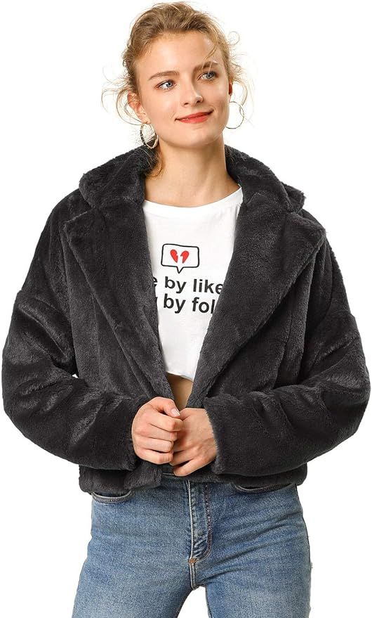 Allegra K Women's Autumn Winter Cropped Jacket Notch Lapel Faux Fur Fluffy Coat | Amazon (US)