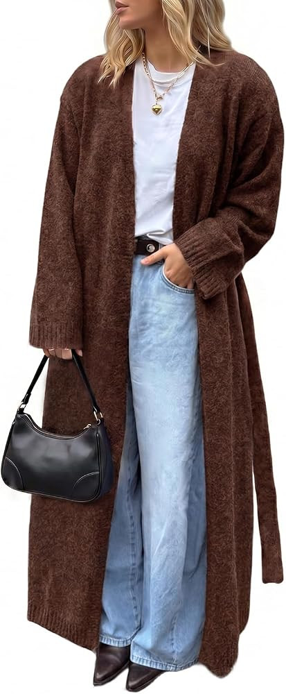 Tankaneo Womens Long Cardigan Sweater Oversized Open Front Coat with Belted | Amazon (US)
