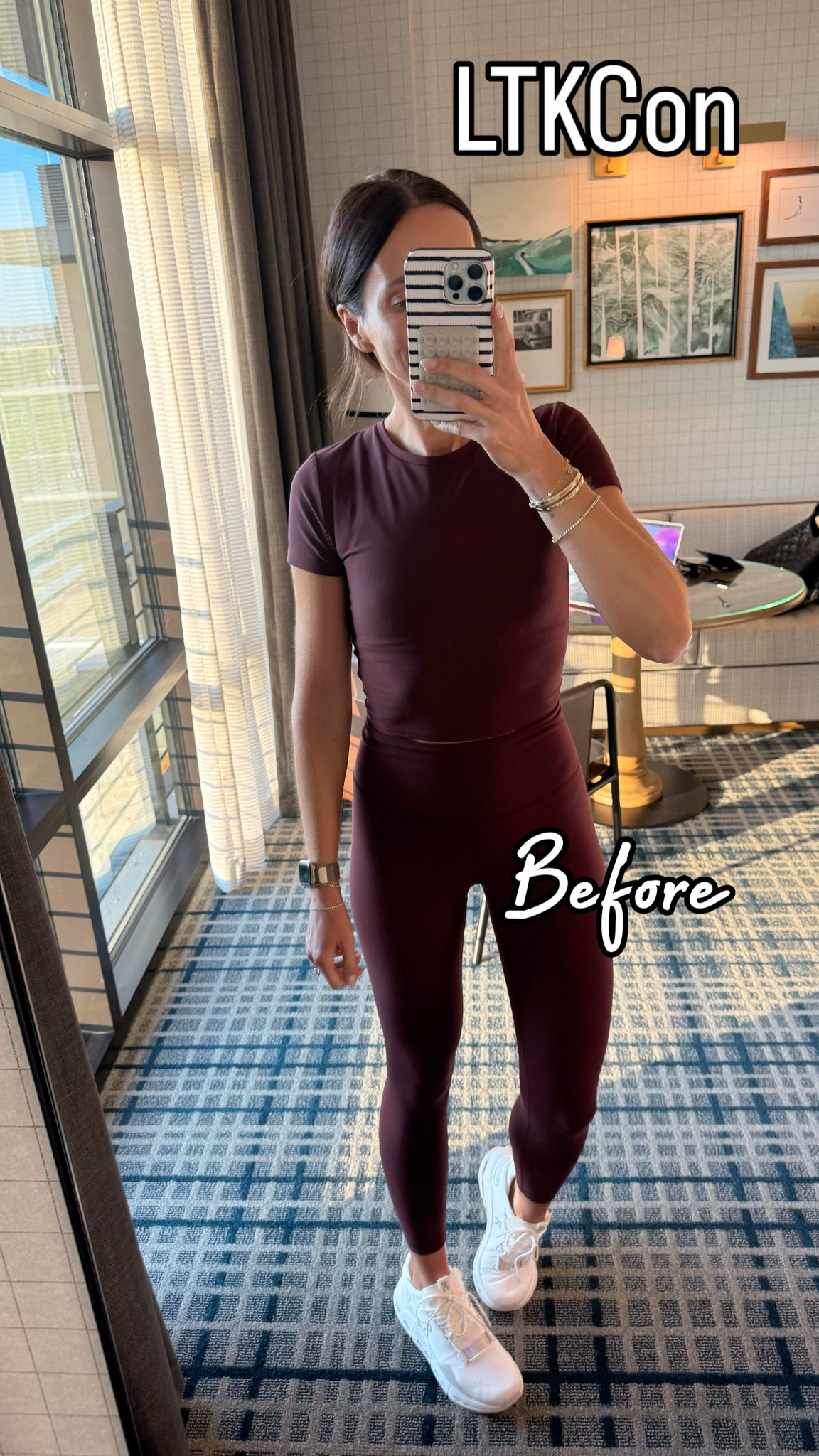 LTKCON Day 1 before and after 
Workout outfit -this color is fab, sneakers are great for cardio or strength 
Target best selling sailor jeans , I’m wearing size 2. Wearing xs in sweater 

#LTKCon #LTKWorkwear #LTKActive