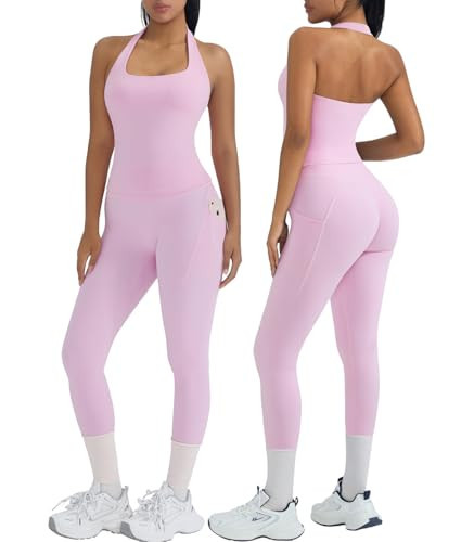 OMKAGI 2 Piece Workout Sets for Women Halter Tops Booty Leggings with Pockets Gym Outfits(S,460-Light Pink) | Amazon (US)