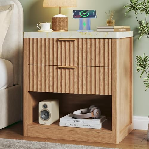 Fluted Nightstand with 2 Drawers, 24'' Night Stand with Wireless Charging Station, Mid Century Modern Side Table with Faux Marble Top, Large Wooden Bedside End Table for Bedroom, Oak | Amazon (US)