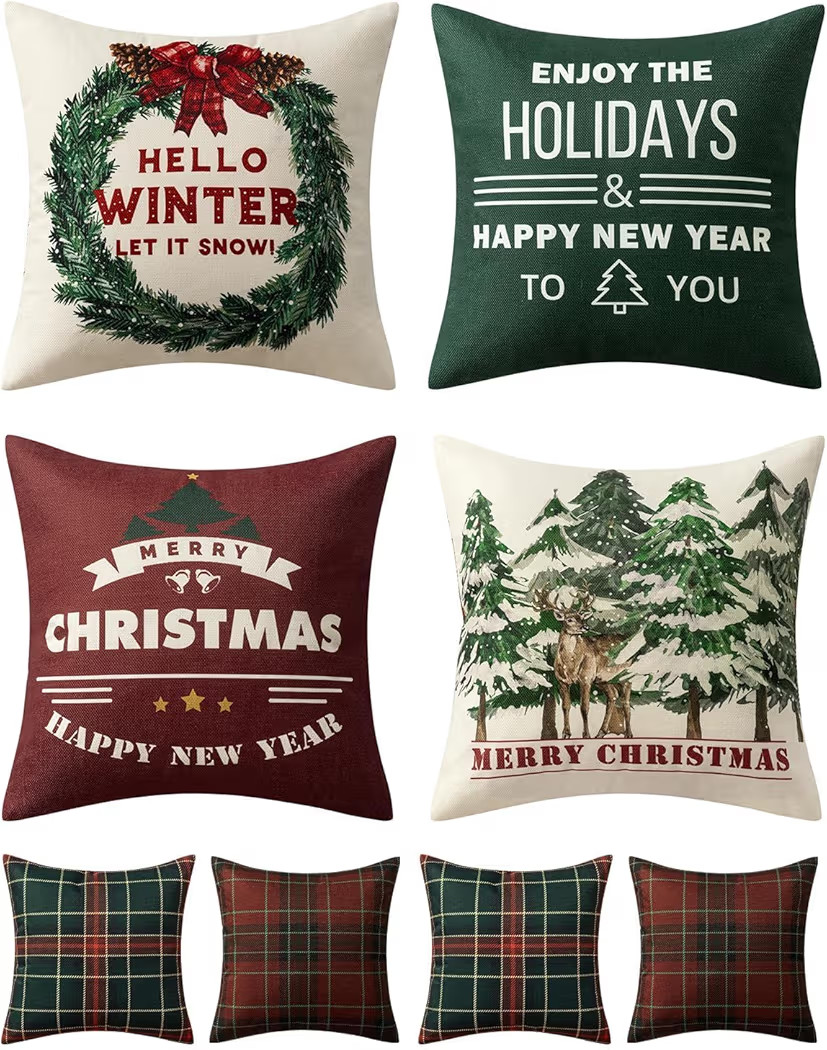MIULEE Christmas Pillow Covers Set of 4 Plaid Throw Pillow Covers Red and Green Tree Reindeer Wre... | Amazon (US)