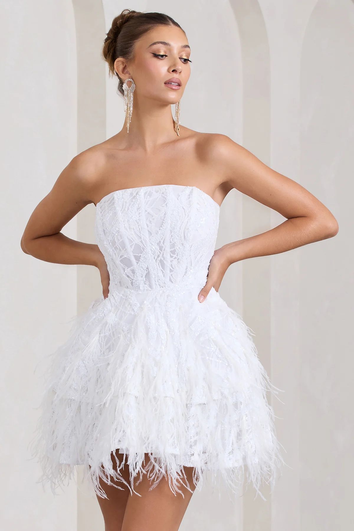Little Wish | White Sequin Lace Strapless Mini Dress With Feathers | Club L London