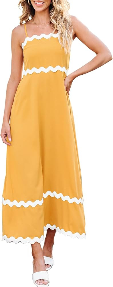 Angashion Women Summer Maxi Dress - Casual Spaghetti Strap Backless RIC Rac Fashion Flowy Long Be... | Amazon (US)