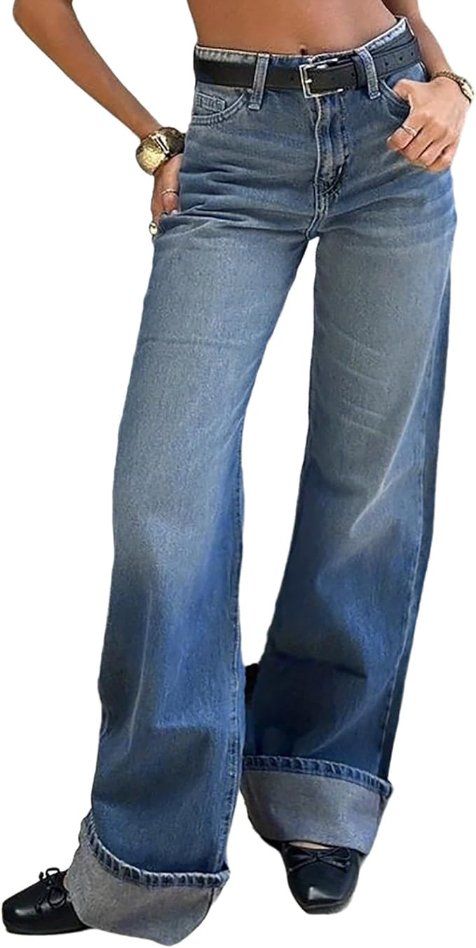 Women's Classic Stretch Straight Leg Jeans High Waisted Cuffed Hem Boyfriend Wide Leg Denim Pants | Amazon (US)
