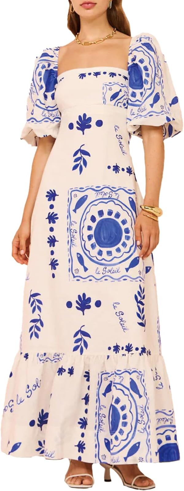 2024 Floral Print Bohemian Dress Women’s Square Neck High Waist A Line Ruffle Lantern Sleeve Su... | Amazon (US)