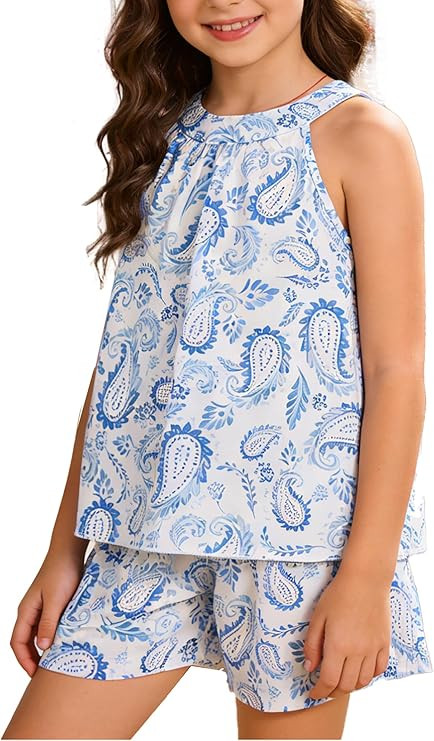 Girls 2 Piece Outfit Paisley Graphic Halter Neck Sleeveless Tank Top and Paperbag Short Sets Summ... | Amazon (US)