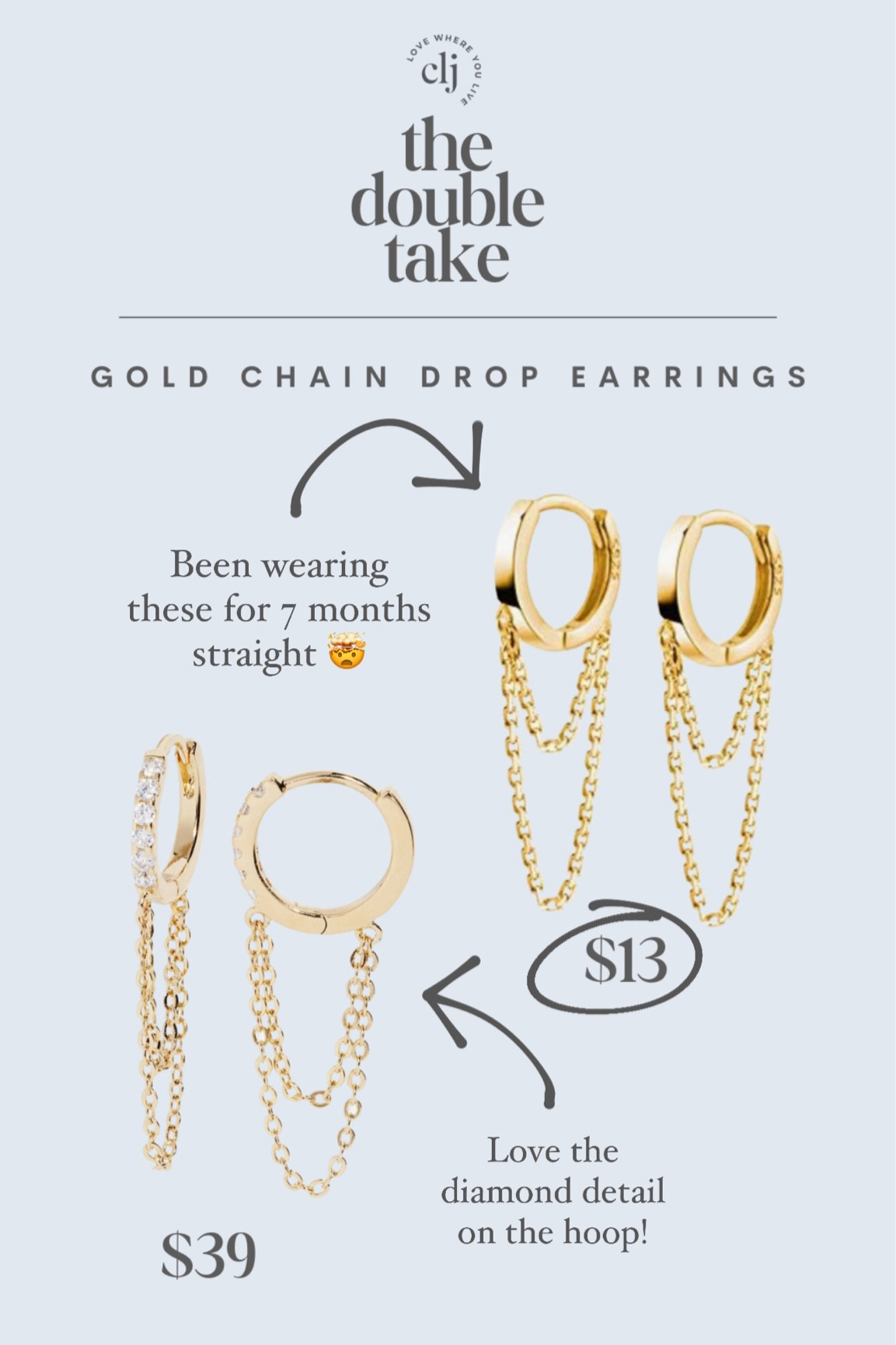 WP GOLD CZ CHAIN DROP HUGGIE HOOP EARRINGS