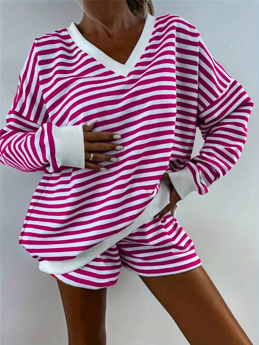 2-Pack Women's Classic Red Stripe Pajama Set - Long-Sleeve V-Neck Top & Loose Shorts, Soft & Comf... | SHEIN