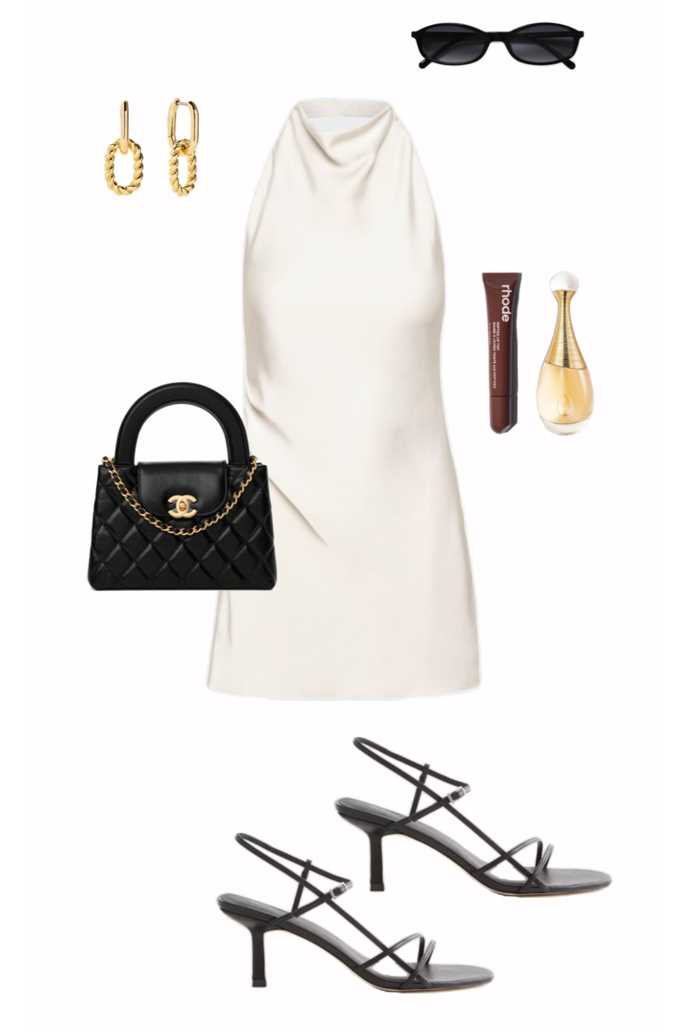 neutral outfit, chic summer dress, cream mini dress, halter dress, minimalist style, black strappy heels, classic black handbag, gold hoop earrings, elevated basics, date night outfit, vacation outfit, capsule wardrobe, timeless style, luxury inspired look