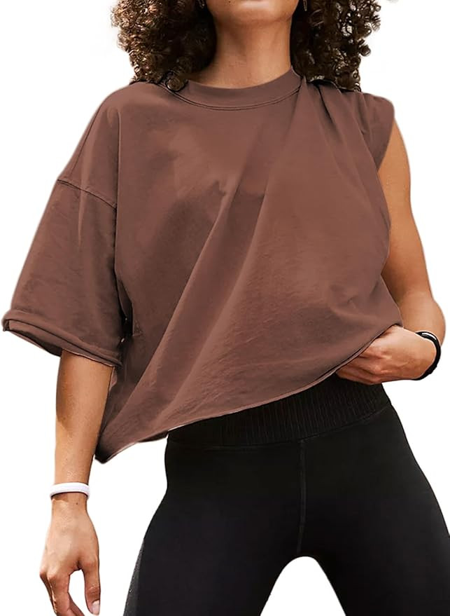 Women's Oversize Workout Crop Tops Short Sleeve Crewneck Drop Shoulder Boxy T Shirts Summer Casua... | Amazon (US)