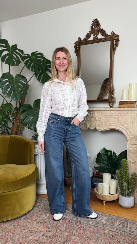 Super comfy and flattering high waisted wide leg jeans ✨ Paired with a lace shirt and comfy white loafers 