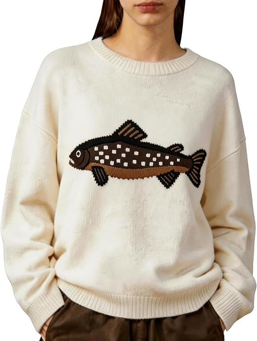 Womens Fish Graphic Sweaters Crew Neck Knit Pullover | Amazon (US)