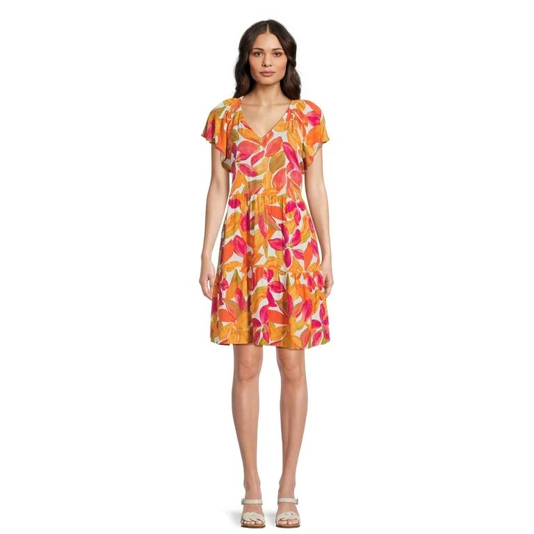 Time and Tru Women's Tiered V-Neck Dress with Flutter Sleeves, Sizes XS-XXXL | Walmart (US)