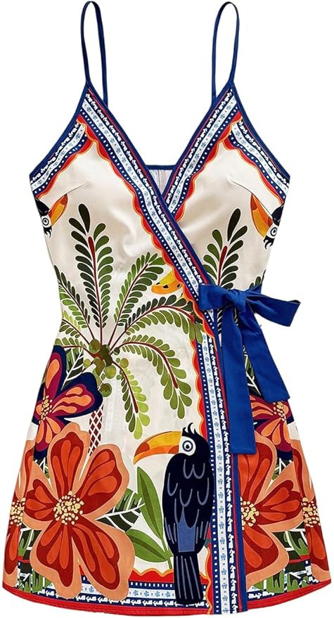 SOLY HUX Women's Tropical Print Mini Dress Summer Wrap V Neck Bow Tie Vacation Dresses | Amazon (US)