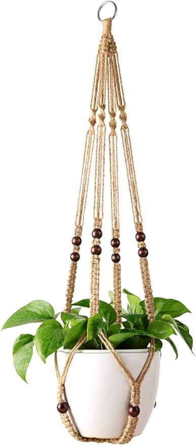 Mkono Macrame Plant Hanger Indoor Jute Hanging Planter Basket with Wood Beads Decorative Flower P... | Amazon (US)