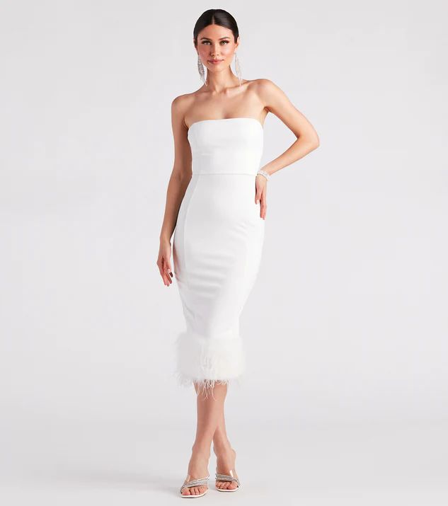 Marina Strapless Crepe Feather Trim Midi Dress | Windsor Stores