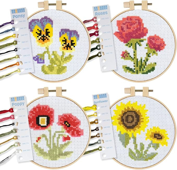 Kraftex Stamped Cross Stitch Kits for Beginners (Flower Theme - 6.75 Inch - 4 Pack 1 x Embroidery... | Amazon (US)