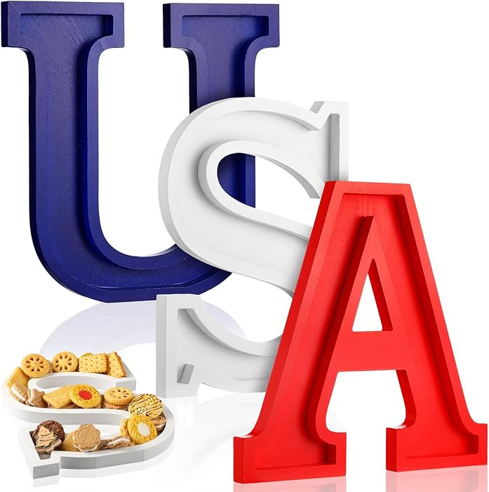 Maxcheck 3 Pcs USA Letter Food Trays Wood Red White and Blue 4th of July Serving Dishes 250th Ann... | Amazon (US)