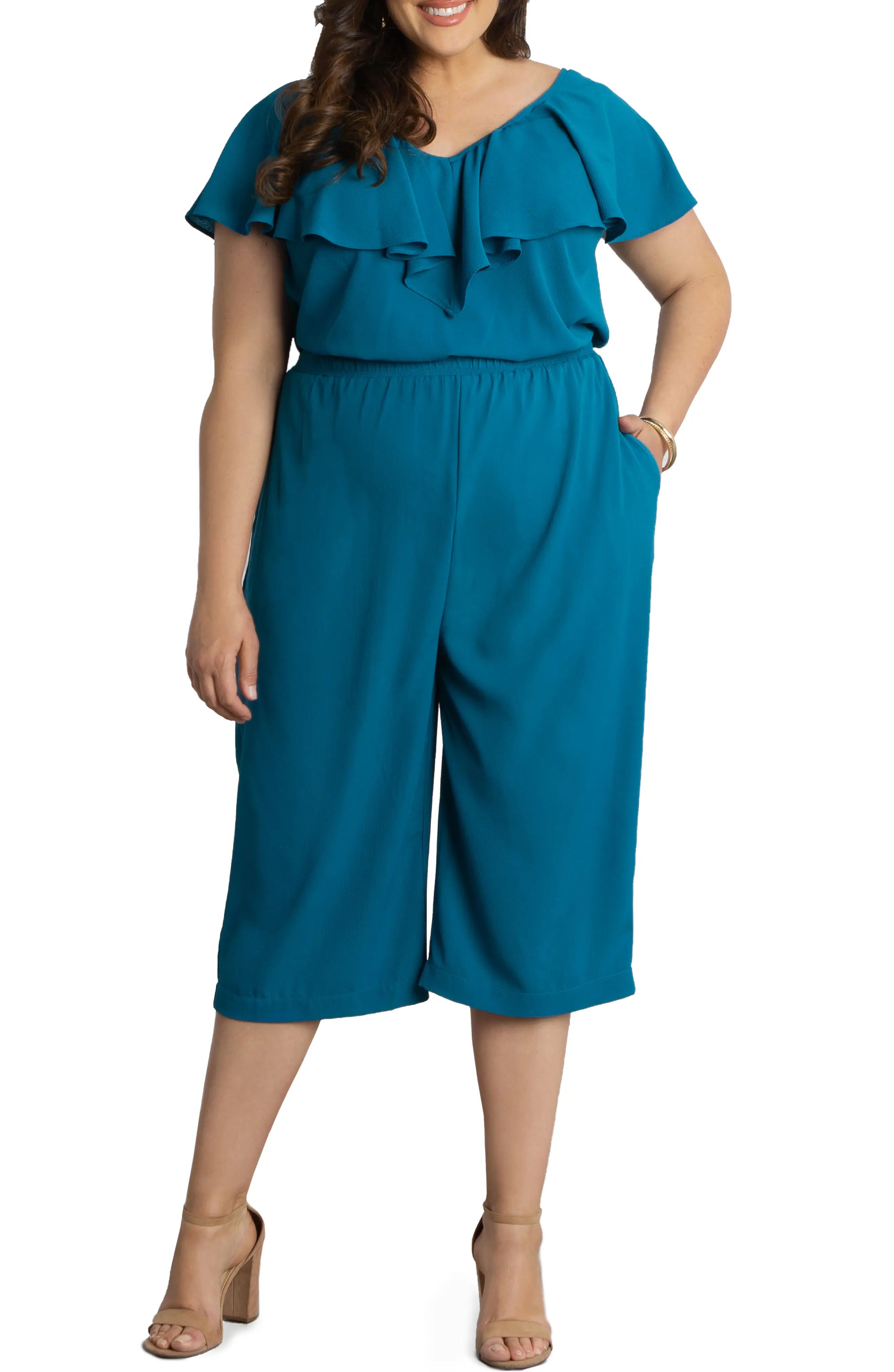 Kiyonna Avery Cropped Wide Leg Jumpsuit, Size 1X in Teal The Show at Nordstrom | Nordstrom