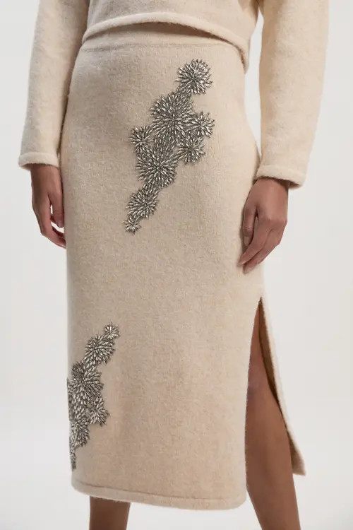 Karen Millen Wool Embellished Pencil Midi Skirt in Cream at Nordstrom, Size Small | Nordstrom